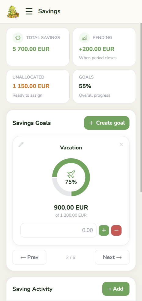 GoHoardly savings screen on mobile showing savings goals