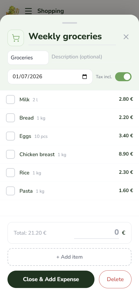 GoHoardly shopping list screen on mobile