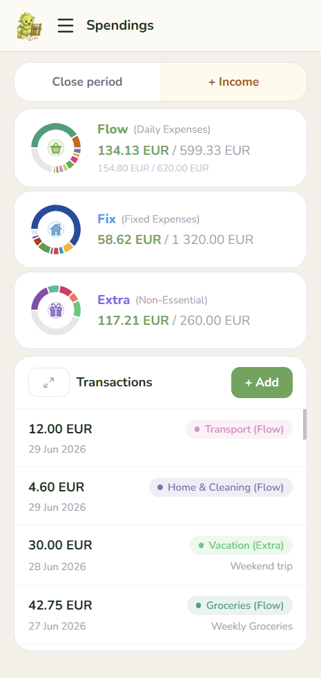 GoHoardly spendings screen on mobile showing budget buckets